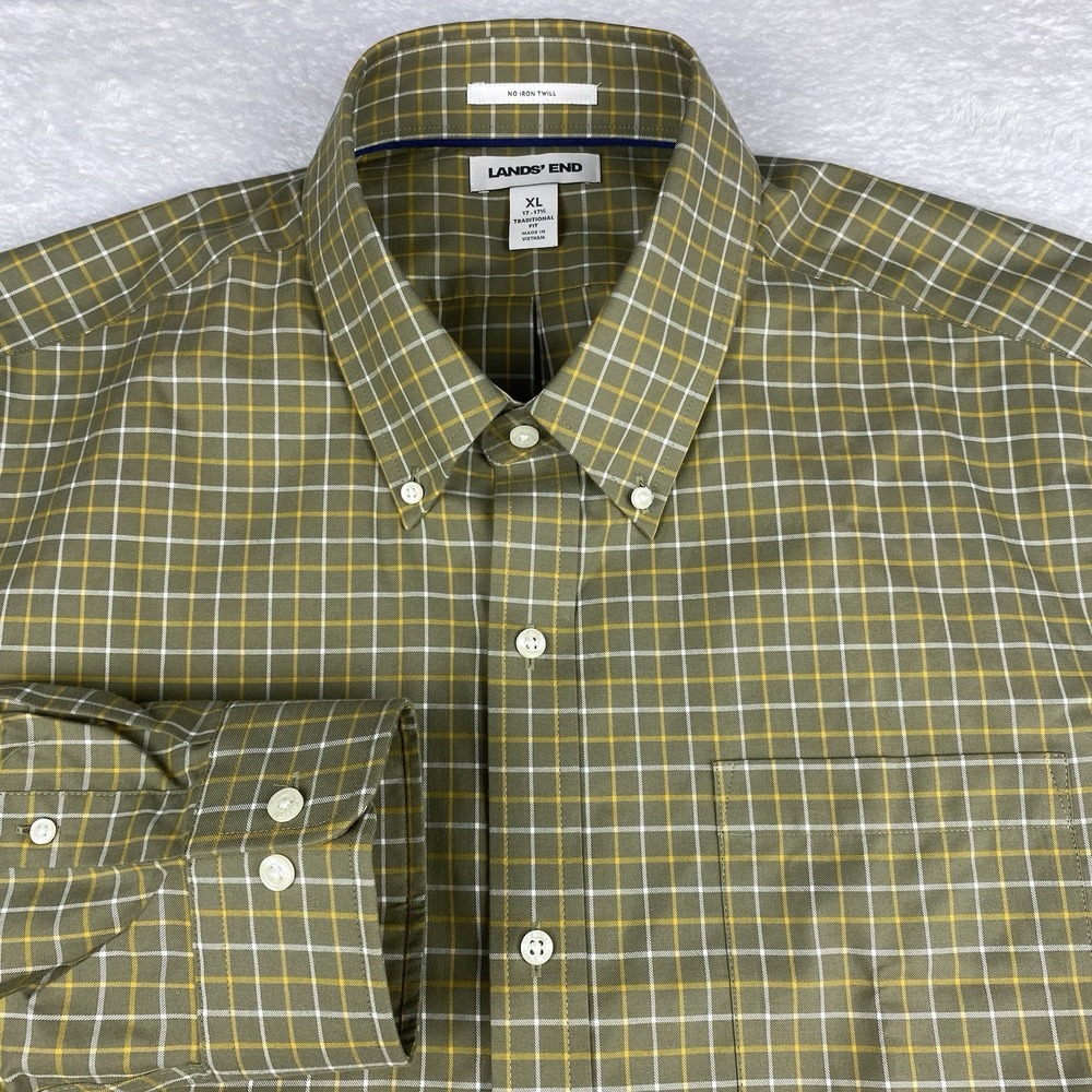 LANDS END Shirt Mens XL Green w/Gold-White Check No Iron Twill Traditional NWOT!